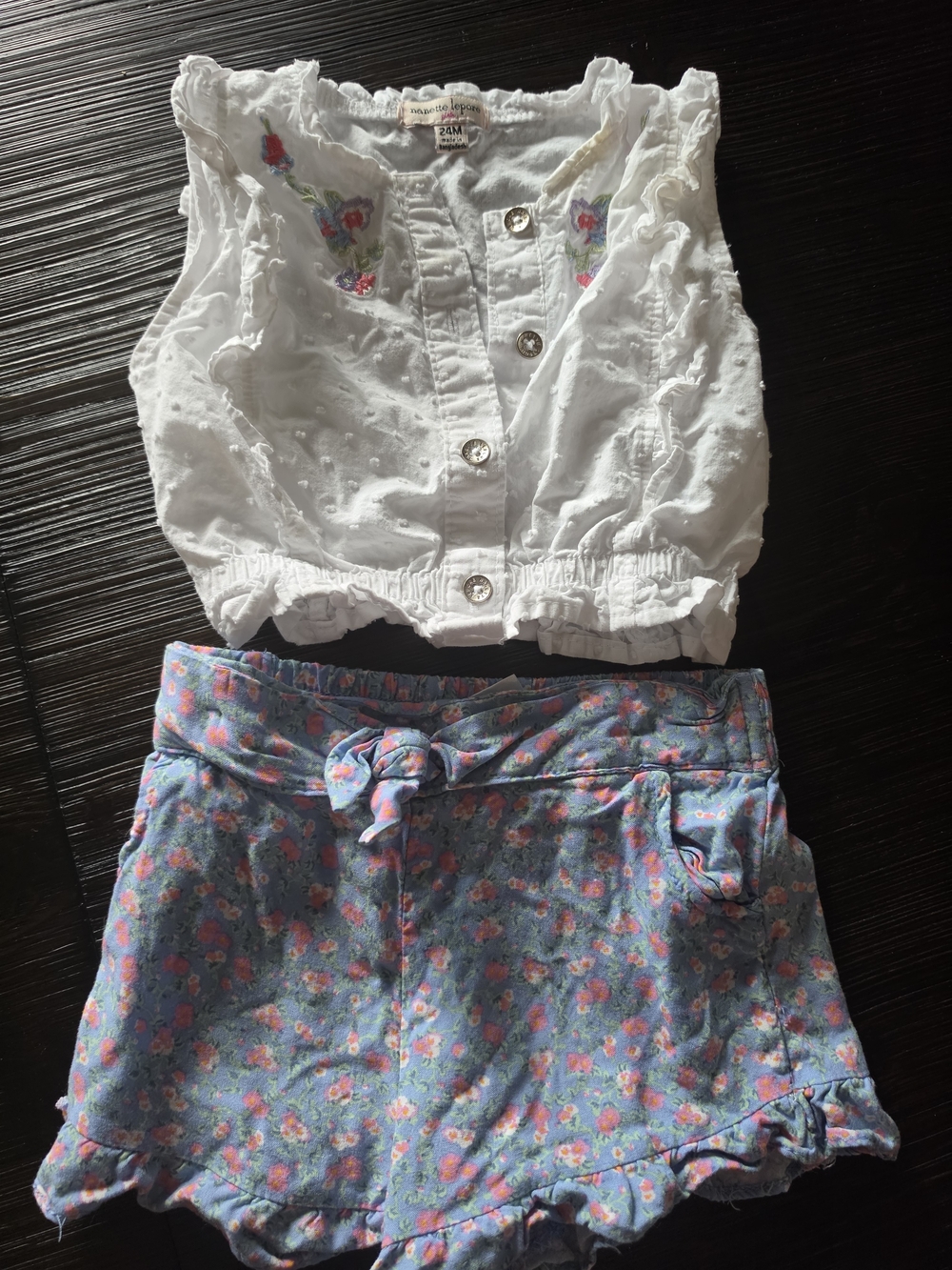 Nanette Lepore White Embroidered Top with Blue Floral Tie-Waist Shorts